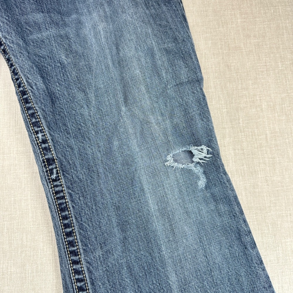 MEK Denim Mazatlan Jeans Mens 40 Blue Bootcut Distressed Embroidered Button Fly - Picture 9 of 16